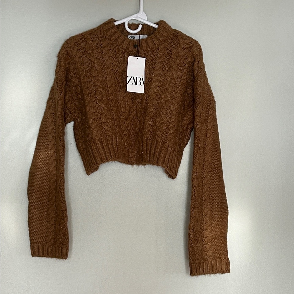 Zara Cropped Cable Knit Heavy Sweater - Brown Taupe- size M - Picture 4 of 8